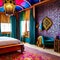 A colorful, Moroccan-themed bedroom with intricate mosaic tile patterns, draped fabrics, and lantern lighting3, Generative AI