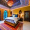 A colorful, Moroccan-themed bedroom with intricate mosaic tile patterns, draped fabrics, and lantern lighting3, Generative AI