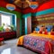 A colorful, Moroccan-themed bedroom with intricate mosaic tile patterns, draped fabrics, and lantern lighting4, Generative AI