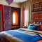 A colorful, Moroccan-themed bedroom with intricate mosaic tile patterns, draped fabrics, and lantern lighting5, Generative AI