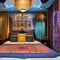 A colorful, Moroccan-themed bedroom with intricate mosaic tile patterns, draped fabrics, and lantern lighting5, Generative AI