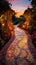 A colorful mosaic path leads to a garden at sunset, AI