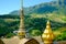 Colorful mosaic pattern on pinnacle of Thai pagoda.