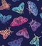 Colorful moths seamless pattern. Decorative hand drawn butterflies in trendy gradient isolated on dark background.