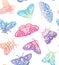 Colorful moths seamless pattern. Decorative hand drawn butterflies in trendy gradient isolated on white background.
