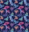 Colorful moths with splashes seamless pattern. Decorative hand drawn butterflies in trendy gradient