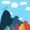 Colorful mountain and clouds landscape. birds flying in mountains. vector flat illustration.