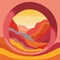 Colorful Mountains With Circular Opening: Warm Palette, Romantic Riverscapes, Abstract Minimalism