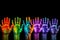 Colorful multicolored human hands on a black background with copy space. generative ai
