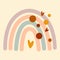 Colorful multicolored rainbow. Boho decorative lines, arcs, circles, hearts on a delicate creamy beige background. The