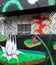 Colorful mural of street art about lotus flower, heliconia and amazonian flora
