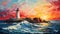 Colorful Muralist Painting: Lighthouse Floating On Ocean At Sunset