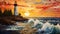 Colorful Muralist Painting: Lighthouse At Sunset In Multilayered Collages