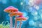 Colorful mushrooms on mystical blurred blue background