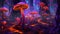 Colorful mushrooms in psychedelic forest. Neon dmt mushrooms concept