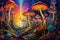 Colorful mushrooms in psychedelic forest. Neon dmt mushrooms concept