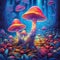 Colorful mushrooms in psychedelic forest. Neon dmt mushrooms concept. Generative AI