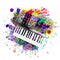 Colorful music background with synthesizer, top view
