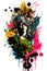 Colorful musical poster, tshirt design. Woman, guitarist. Color splash artwork. Ai generative