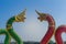 Colorful nagas sculpture at the public Wat Samarn temple, Chachoengsao, Thailand.