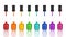 Colorful nail polish glass bottles, brush & reflection set white background isolated close up, varnish open containers collection