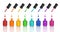 Colorful nail polish glass bottles set, brush, drop & reflection white background isolated closeup, varnish container collection