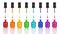 Colorful nail polish glass bottles set, brush, drop & reflection white background isolated closeup, varnish containers collection