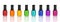 Colorful nail polish glass bottles set & reflection white background isolated closeup, varnish closed containers collection
