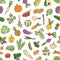 Colorful natural seamless pattern with vegetables and salad greens. Line art background with healthy organic products