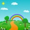 Colorful nature landscape vector illustration with rainbow, flowers and bright sky