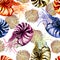 Colorful Nautilus mollusk Nautilus pompillius with shells on a white background, hand drawn watercolor. Seamless pattern