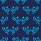 Colorful navy blue abstract damask seamless pattern of curls in retro style.