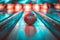 Colorful neon bowling balls illuminate polished modern alley lane for vibrant atmosphere