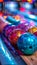 Colorful neon bowling balls on shiny lane in modern bowling center for vibrant play