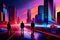 colorful neon buildings architecture with three people walking. ai generated