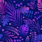 Colorful neon exotic leaves gradient tropical vegetation seamless pattern. Trendy jungle lush branches purple botanical