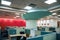 Colorful new office interior design with cubicles, chairs, tables and ceiling lights