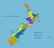 Colorful New Zealand political map with clearly labeled, separated layers.