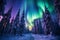 Colorful northern lights in the forest. Aurora Borealis. Beautiful winter night landscape. AI generated