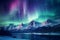 Colorful northern lights in the mountains. Aurora Borealis. Beautiful winter night landscape. AI generated