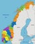 Colorful Norway political map with clearly labeled, separated layers.