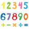 Colorful numbers and maths symbols on white background.