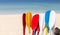 Colorful oars with beach background, water sport, holiday activity at the beac