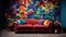 Colorful Oasis: A Relaxing Sofa in a Room with a Colorful Wall