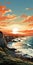 Colorful Ocean Sunset Painting Expansive Landscape In Cartoon Style