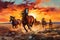 Colorful oil painting of some vibrant horses running at twilight time, Generative AI