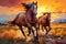 Colorful oil painting of some vibrant horses running at twilight time, Generative AI