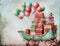 Colorful Old-fashioned sleigh with gifts neatly stacked and balloons flying