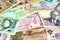 Colorful old World Paper Money background, Banknotes of different countries collection, international banknotes currencies