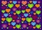 Colorful openwork hearts on a blue background. Vector picture.